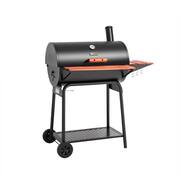 Barrel Charcoal Grill with Wood-Painted Side and Front Table, for Picnic, Camping, Patio Backyard Cooking in Black