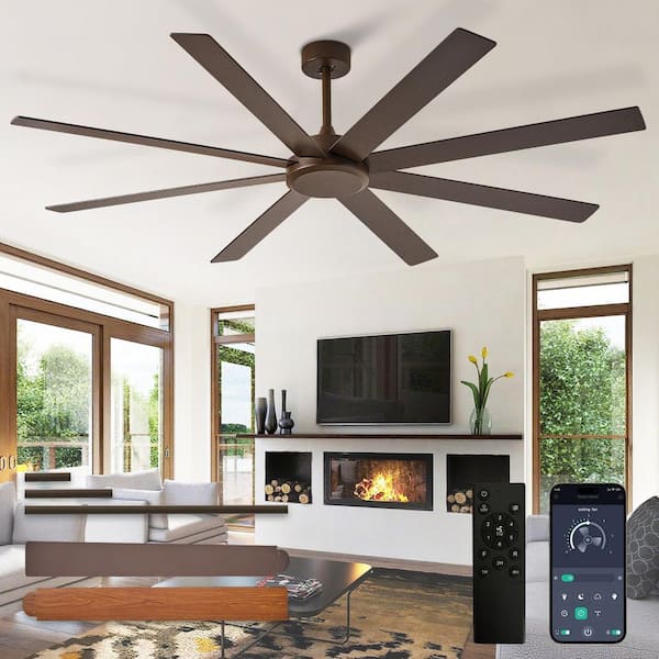 72 in. Brown Brushed Walnut 8 Blades Downrod Mount Large Ceiling Fan with No Lights Included 3CCT Dimmable APP Remote