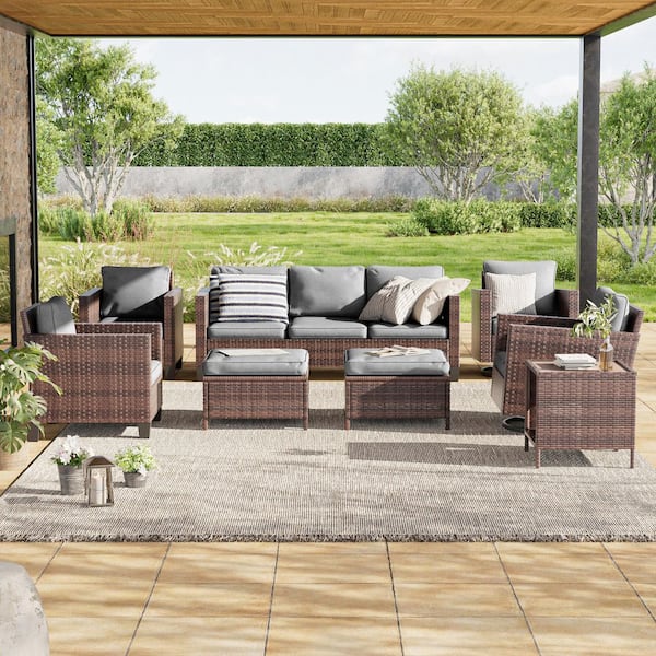 8-Piece Patio Outdoor Brown Wicker Conversation Seating Set Thickening Gray Cushions With Swiveling Rocker