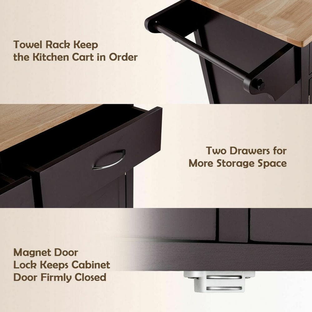 Modern Dark Brown Rolling Kitchen Cart with Wood Top and Storage