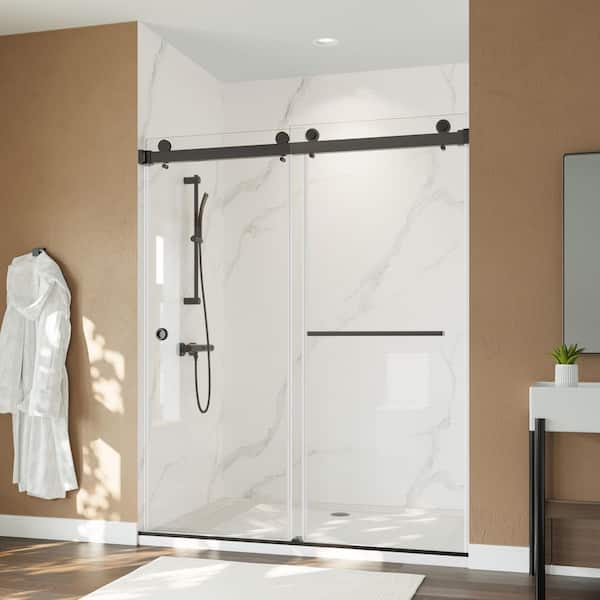 59 in. W x 72 in. H Double Sliding Frameless Shower Door in Matte Black Finish with Tempered Glass