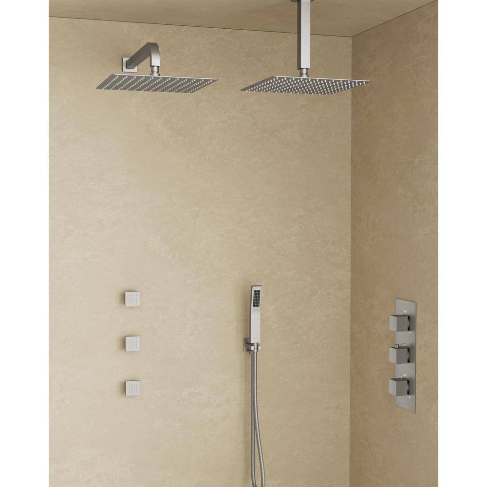 Thermostatic Valve 8-Spray 12 x 12 in. Wall Mount Dual Shower Head and Handheld Shower with 3-Jets in Brushed Nickel price history on PriceWatchPro