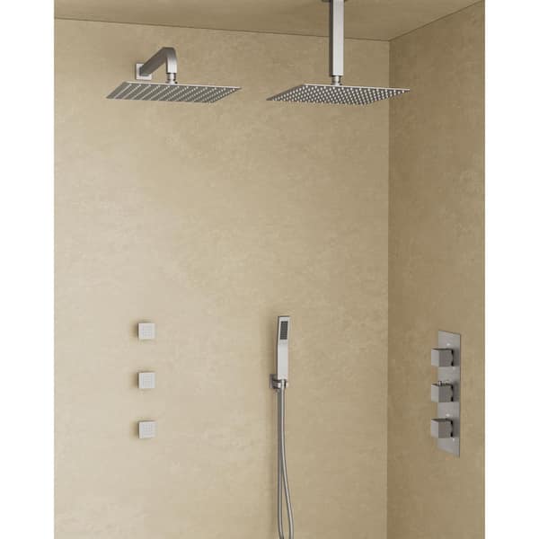 YAWWALK Thermostatic Valve 8-Spray 12 x 12 in. Wall Mount Dual Shower Head and Handheld Shower with 3-Jets in Brushed Nickel