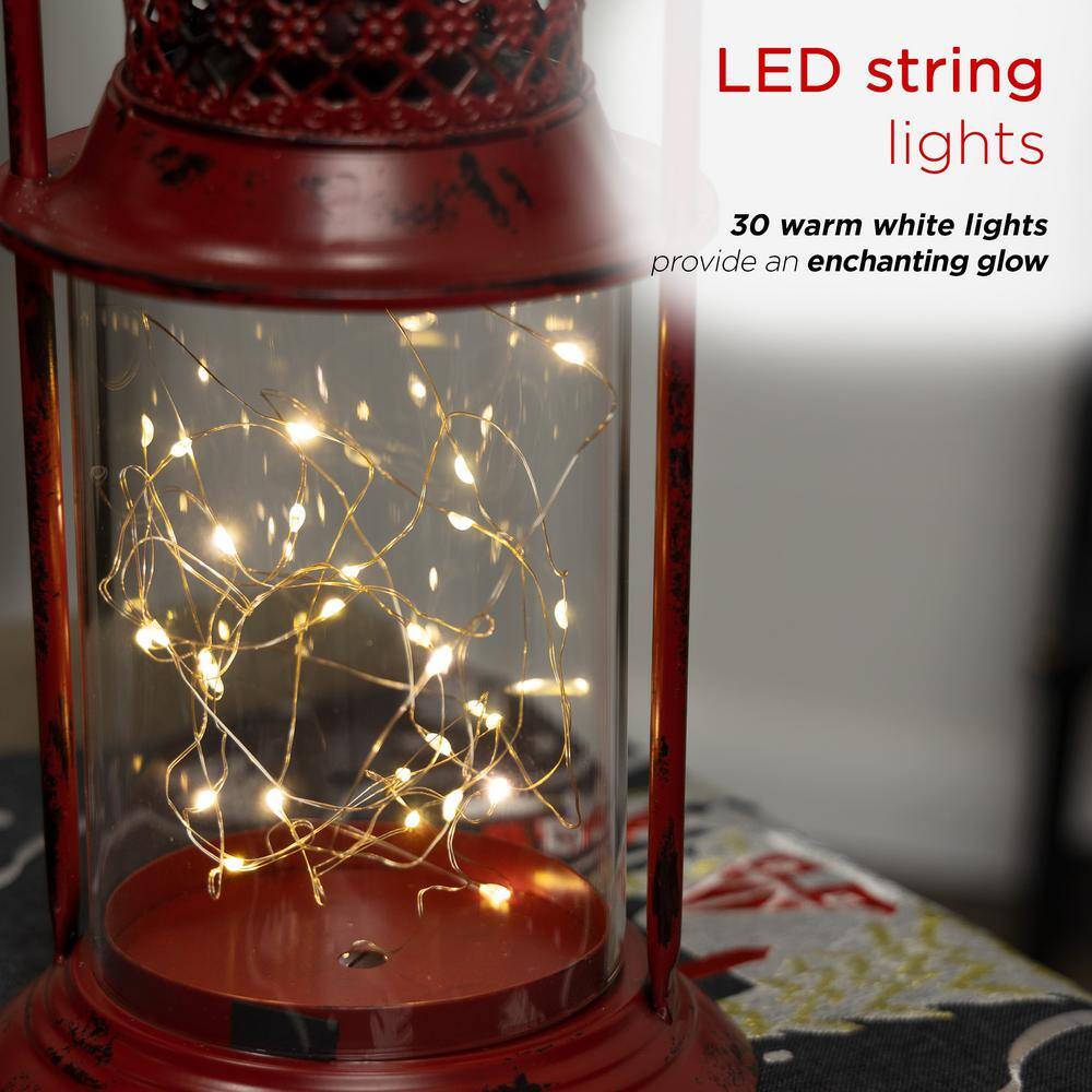 Red Antique Metal and Glass Lantern with Warm LED Lights