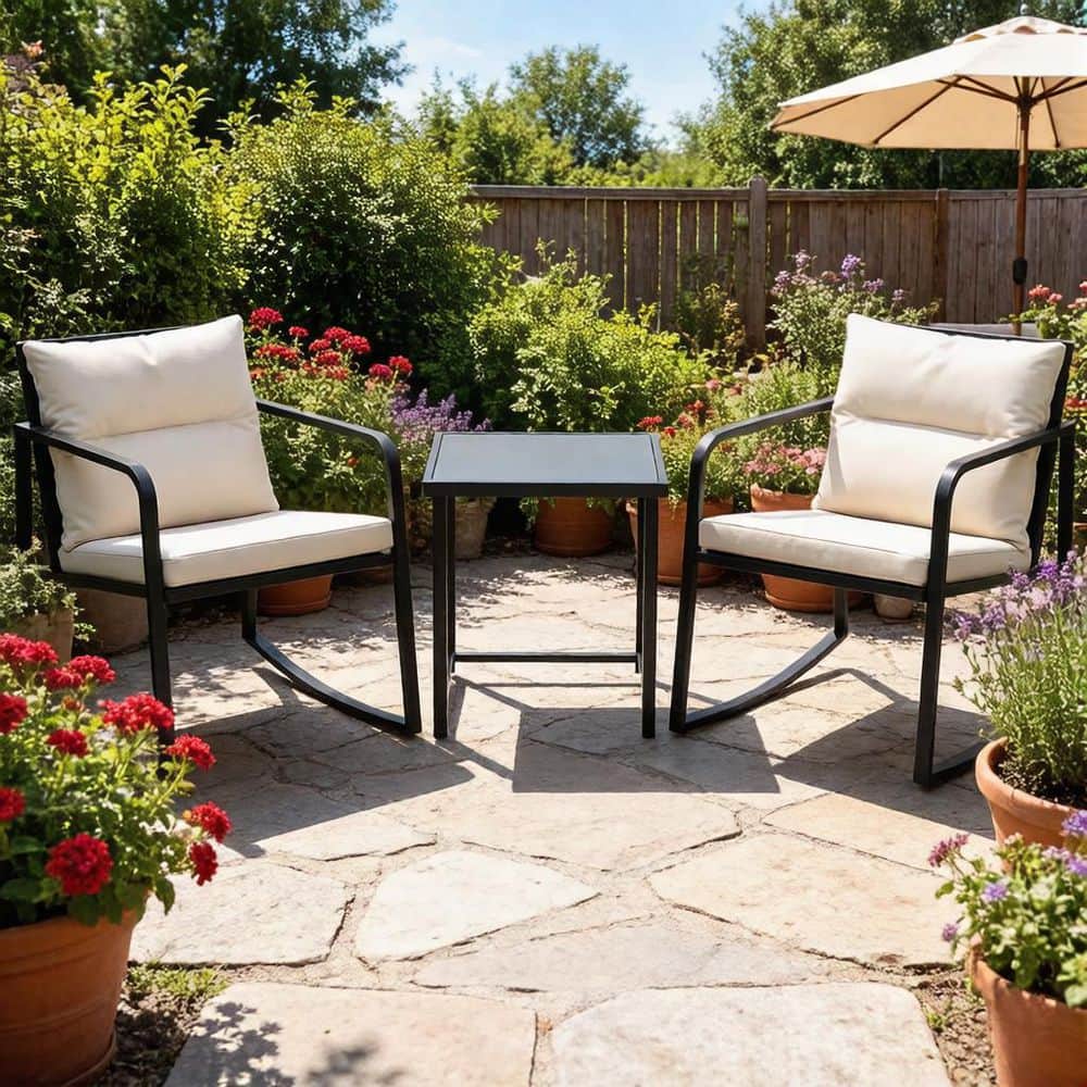 3-Pack Metal Rocking Bistro Set, Patio Outdoor Recliner with Cushion, with Glass Coffee Table, Balcony Furniture, Beige price history on PriceWatchPro