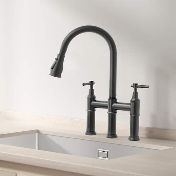 Satico Double Handle Bridge Kitchen Faucet with Pull-Down Spray Head in Matte Black