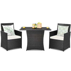 Black Frame 3-Piece Wicker Patio Conversation with White Cushions