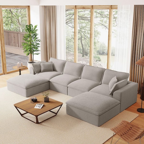 Noelle 142 in. Corduroy Upholstered U-Shaped Modular Sectional Sofa in Light Gray with Ottomans