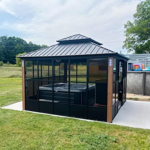 12ft.x14ft. Sunroom Hardtop Gazebo Solarium Galvanized Steel Double Roof Aluminum Screen House Patio Deck Backyard Brown