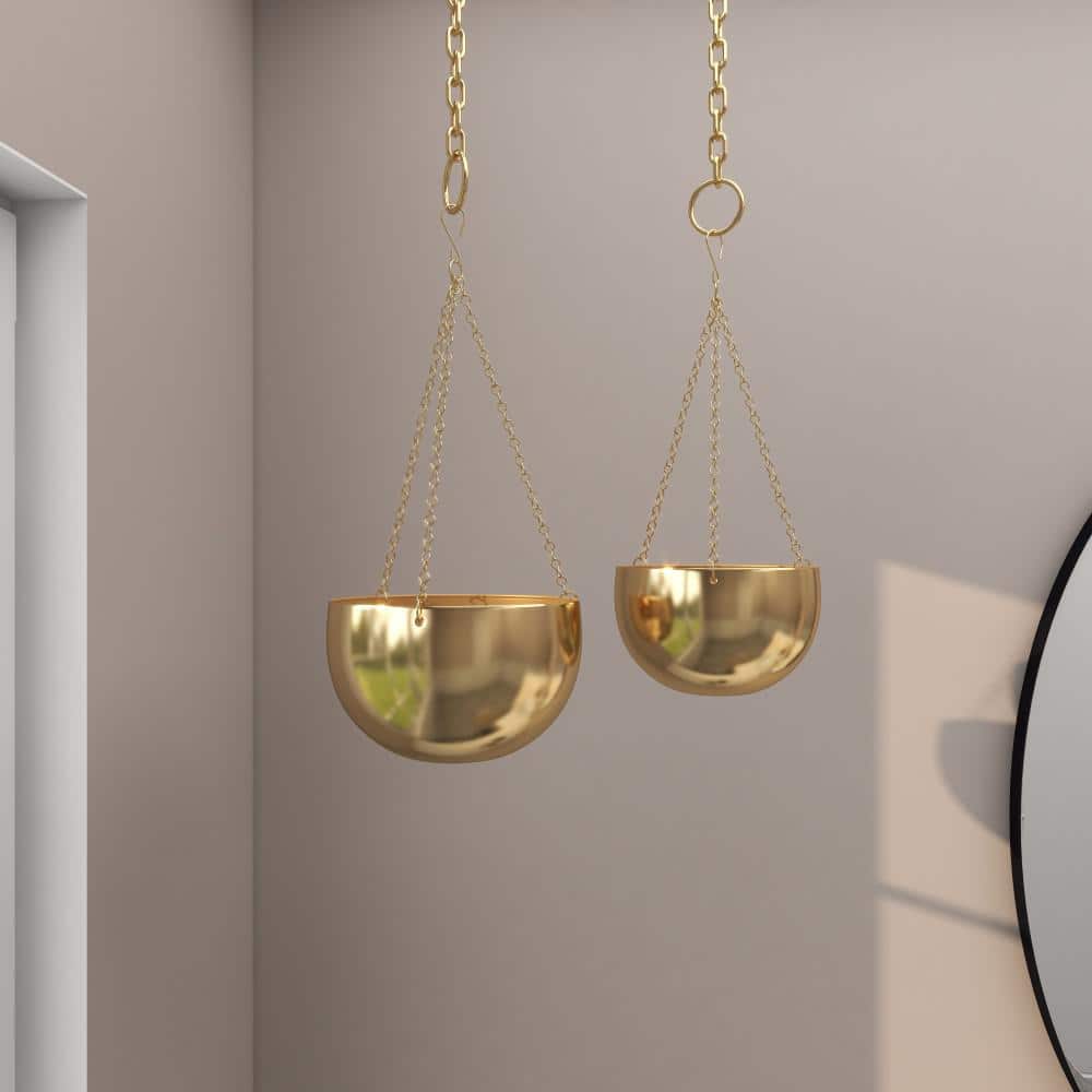 Set of 2 Gold Metal Hanging Planters with Chains