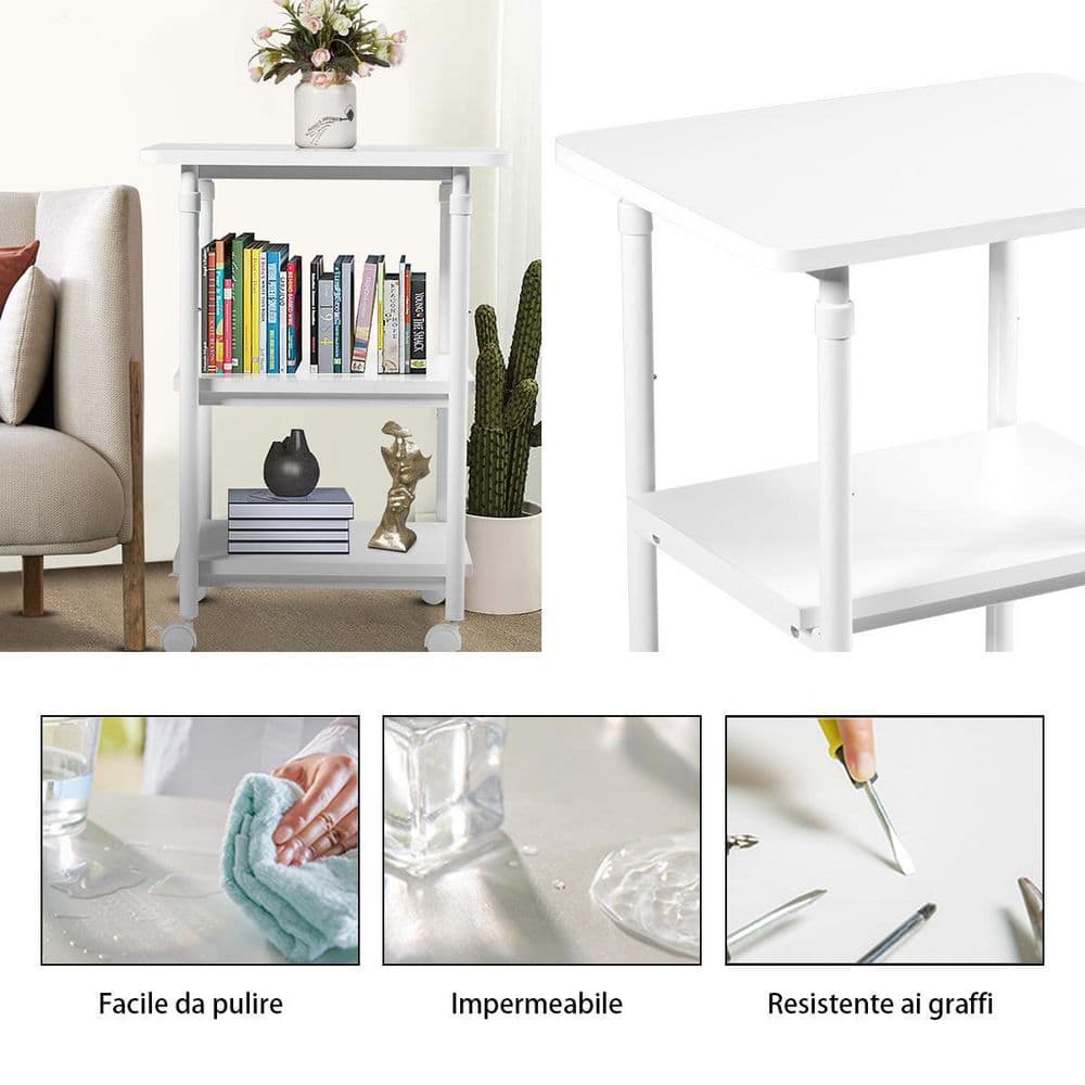 White Adjustable 3-Tier Rolling Printer Cart with Storage Shelves