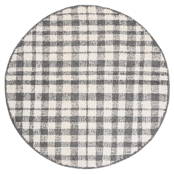 SAFAVIEH Abstract Ivory/Black 6 ft. x 6 ft. Border Plaid Round Area Rug