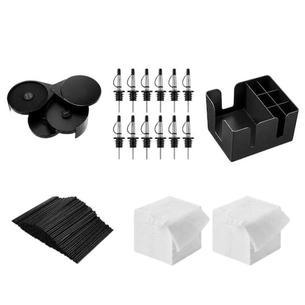 12-Piece Black 3 Tier Bar Tool Set Include 3 Tier Salt Rim Box, Wine Spouts, Storage Box, Stirring Sticks and Napkins