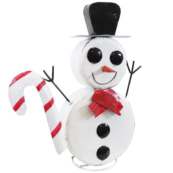Sunnydaze 21 in. Sunnydaze Snowman with Candy Cane Indoor/Outdoor Metal Decoration