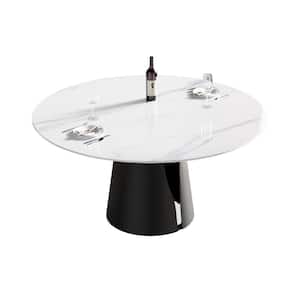 White Stone 59 in. Black Carbon Steel Pedestal Base Round Luxury Modern Dining Tablefor Dining Room (Seats 8)