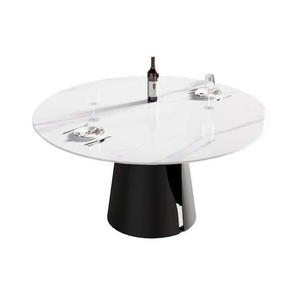 FORCLOVER White Stone 59 in. Black Carbon Steel Pedestal Base Round Luxury Modern Dining Tablefor Dining Room (Seats 8)