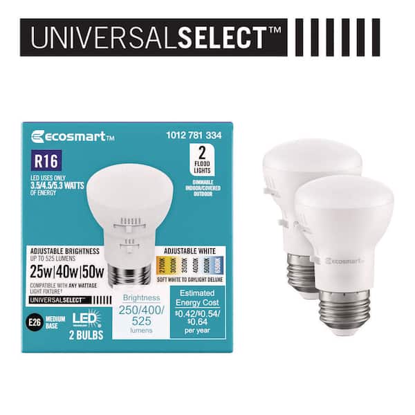 Universal Select 25/40/50-Watt Equivalent R16 Dimmable LED Flood Light Bulb with Selectable Color Temperature (2-Pack)