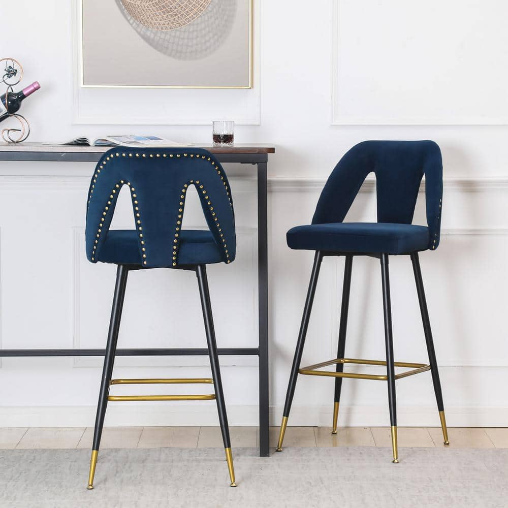 Gojane 40.10 In. Blue Velvet Upholstered Bar Stool With Nailheads And 