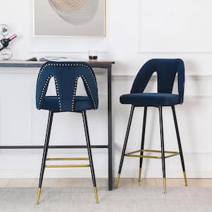 40.10 in. Blue Velvet Upholstered Bar Stool with Nailheads and Gold Tipped Metal Legs (Set of 2)