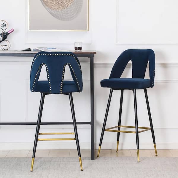 GOJANE 40.10 in. Blue Velvet Upholstered Bar Stool with Nailheads and Gold Tipped Metal Legs (Set of 2)