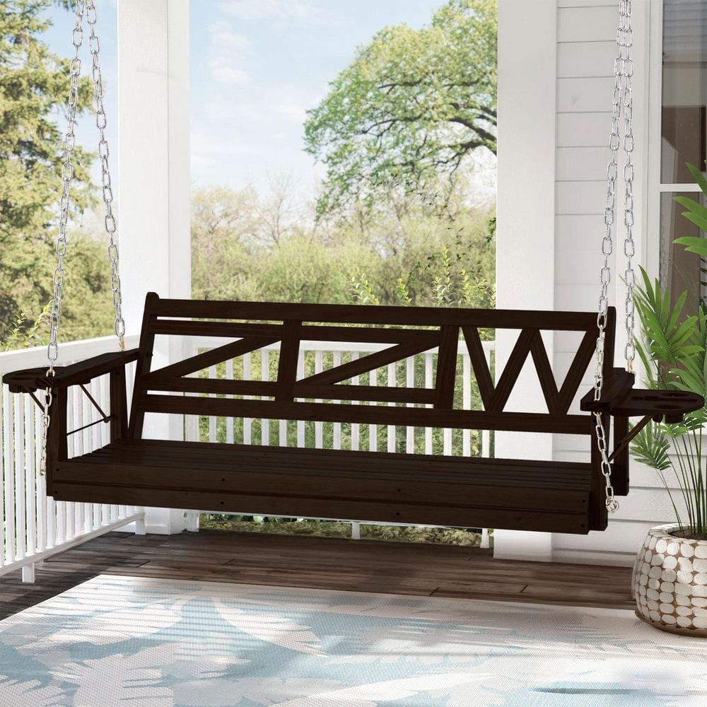 3-Person Dark-Brown Wood Porch Swing with Hanging Chains Upgraded Cupholder