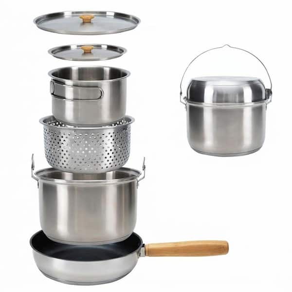 5-Piece Stainless Steel Nonstick Cookware Set in Silver for Camping Outdoor Kitchen Cooking Picnic Travel