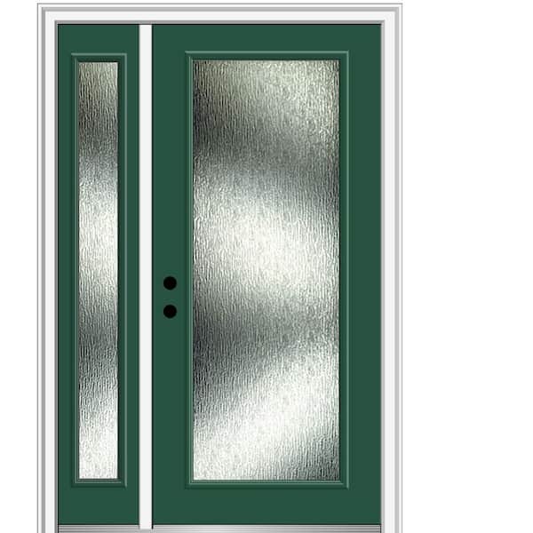 MMI Door 50 in. x 80 in. Right-Hand Inswing Rain Glass Hunter Green Fiberglass Prehung Front Door on 4-9/16 in. Frame
