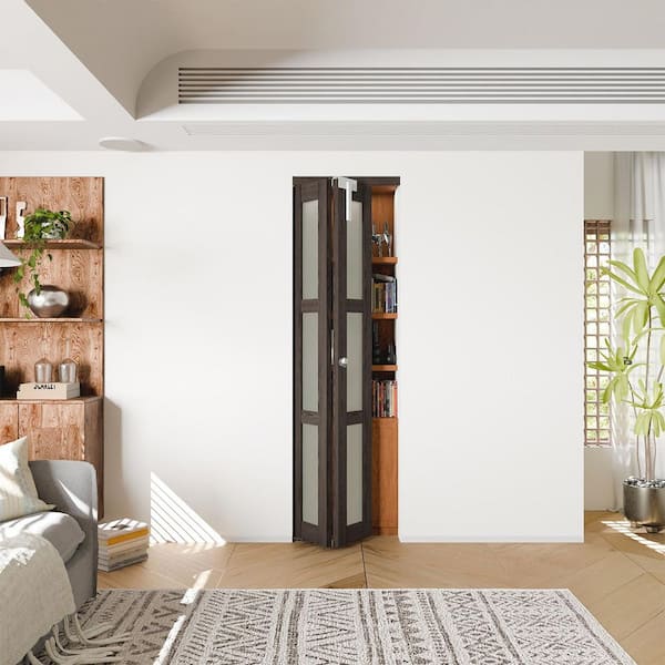30 in. x 80 in. 3-lite Frosted Glass Solid Core Ancient Wood Color MDF Bi-fold Doors with Lock and Handle
