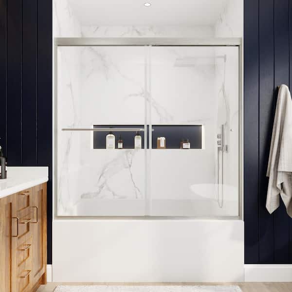 Xspracer Victoria 60 in. W x 58 in. H Sliding Semi Framed Tub Door in Brushed Nickle Finish with Clear Glass