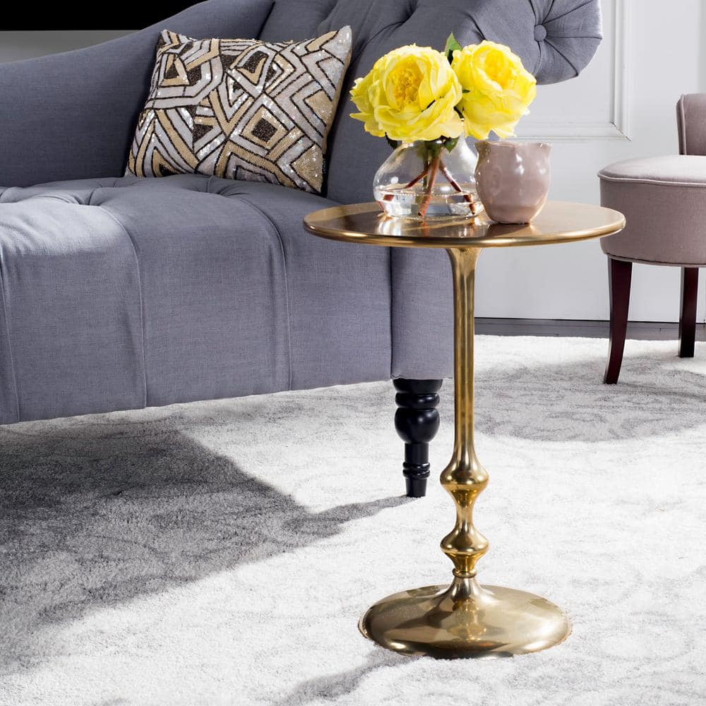 Antique Brass Round Metal Side Table, 16 Inch