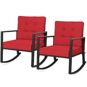 2-Pieces Wicker Outdoor Rocking Chair Patio Rattan Single Chair Glider with Red Cushion