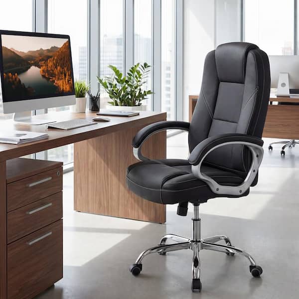 Leather Office Chair Ergonomic Executive Chair with Rocking Backrest Black
