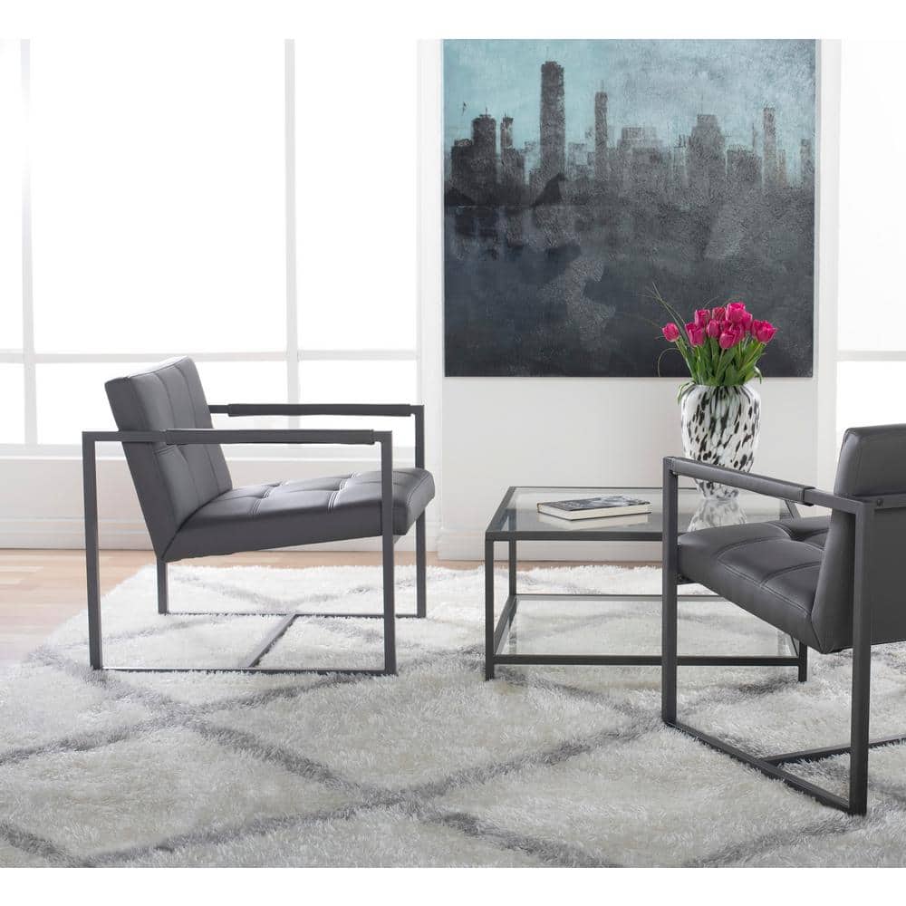 Gray Leather and Metal Mid-Century Modern Accent Chair