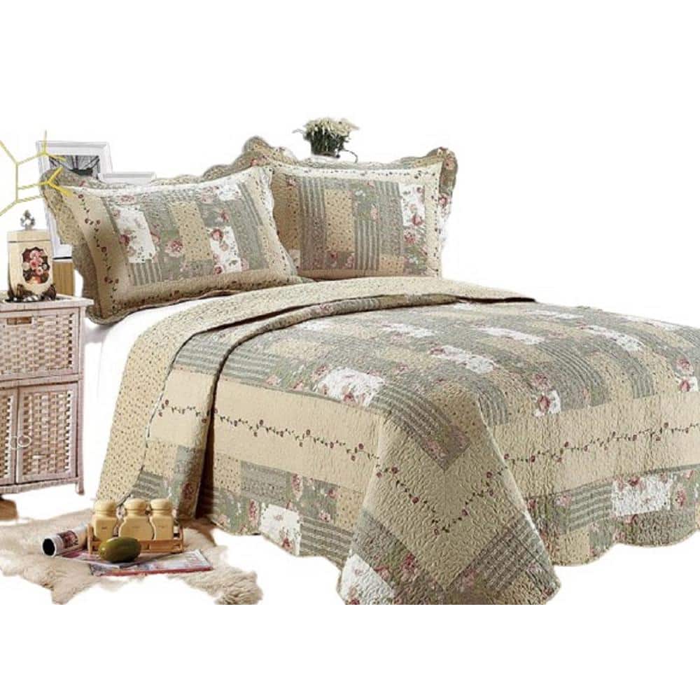 Full Green Microfiber Reversible Patchwork Quilt Set