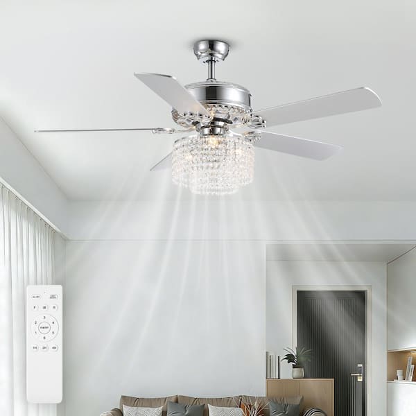 52 in. Indoor Silver Downrod Mount Crystal Chandelier Ceiling Fan with Light Kit and Remote Reversible Blades Fandelier