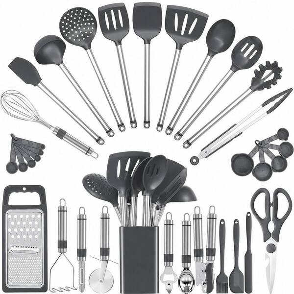 33-Piece Gray Silicone Cooking Utensils Set with Stainless Steel Handle for Nonstick Cookware, Food grade