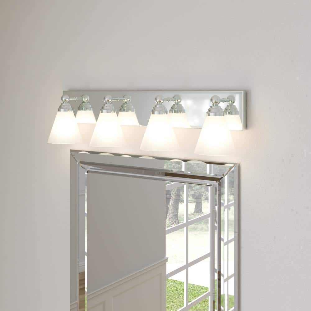Hudson Elegant Chrome 4-Light Bathroom Wall Fixture with White Opal Glass
