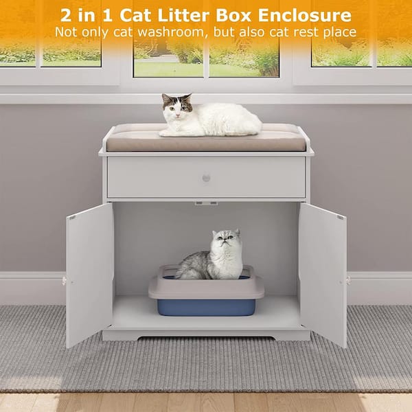 WIAWG 6 in 1 White Cat Hidden Litter Box with Drawer and Shelves, Wood Cat  Litter Box Enclosure Furniture with Litter Catcher Y-THD-180113-02 - The  Home Depot