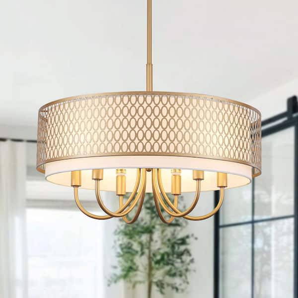 6-Light Matte Shine Gold Farmhouse Drum Candlestick Dimmable Chandelier with Fabric and Metal Shade for Kitchen Island