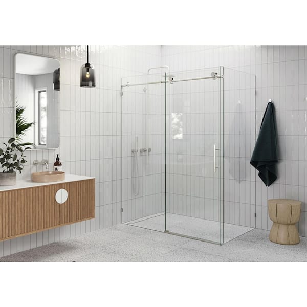 Nova 60 in. W x 78 in. H Rectangular Sliding Frameless Corner Shower Enclosure in Nickel with Clear Glass