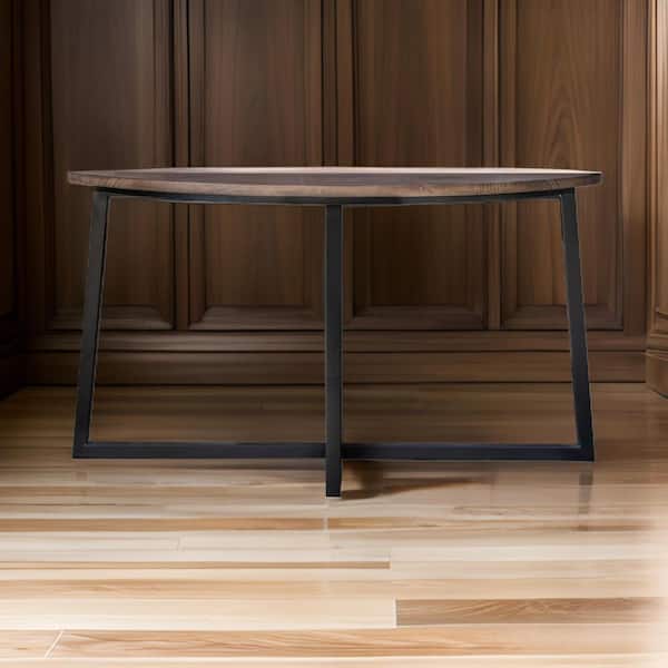 Benjara 34 in. Brown and Black Half-Moon Wooden Console Table with Black Wrought Iron Base