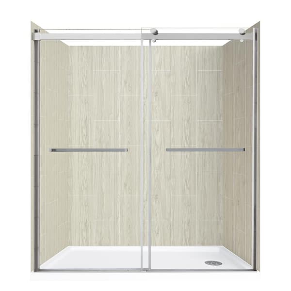 CRAFT + MAIN Double Roller 60 in. L x 32 in .W x 78 in. H Right Drain Alcove Shower Stall Kit in Driftwood and BNH