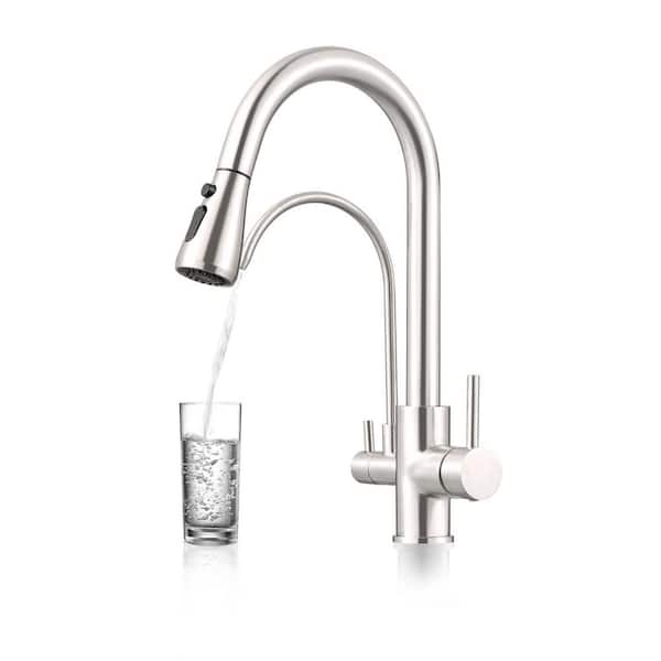 15.5 in. H Dual Handle Deck Mount Dual Spout Pull Down Standard Kitchen Faucet with Water Purification in Brushed Nickel