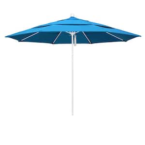 11 ft. White Aluminum Commercial Market Patio Umbrella with Fiberglass Ribs and Pulley Lift in Canvas Cyan Sunbrella