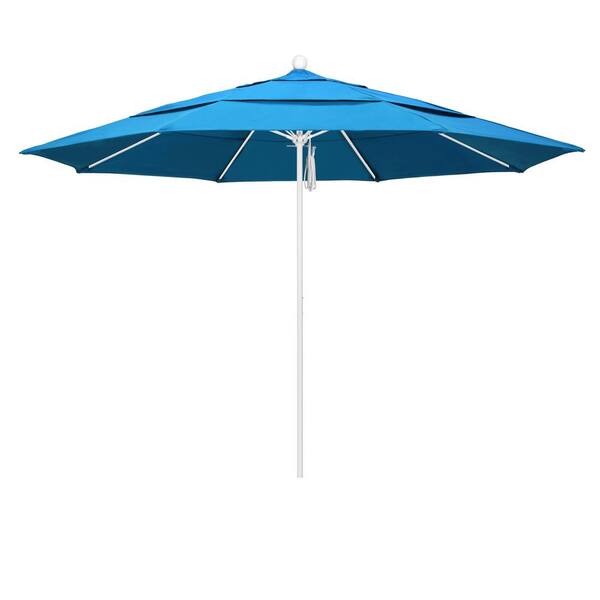 California Umbrella 11 ft. White Aluminum Commercial Market Patio Umbrella with Fiberglass Ribs and Pulley Lift in Canvas Cyan Sunbrella