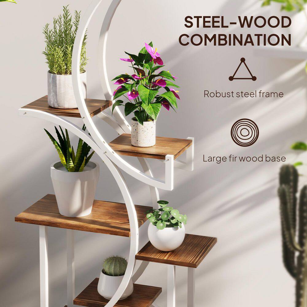 Carbonized Finish White Steel and Fir Wood 8-Tier S-Shaped Plant Stand