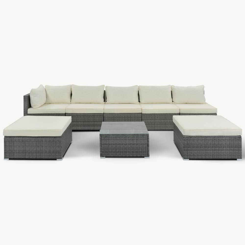 Natalie 8-Pieces Gray Wicker Outdoor Sectional Set with Beige Polyester Fab