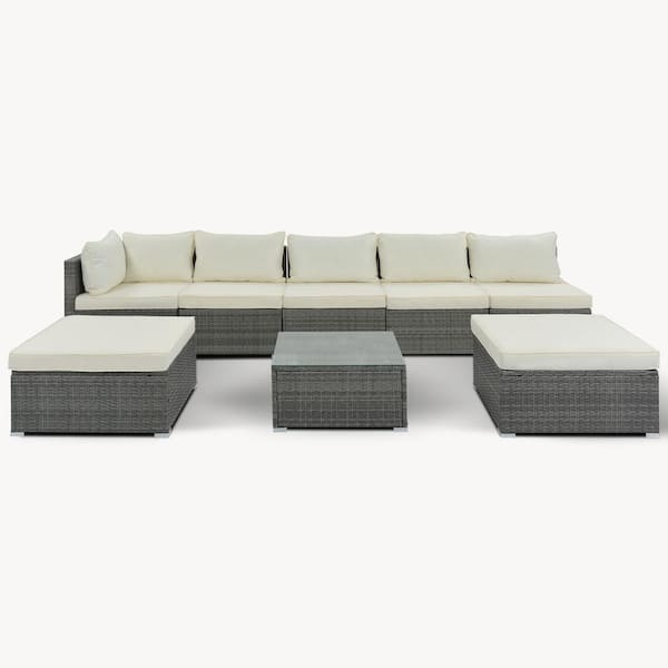 Unbranded Natalie 8-Pieces Gray Wicker Outdoor Sectional Set with Beige Polyester Fabric Cushion and Coffee Table