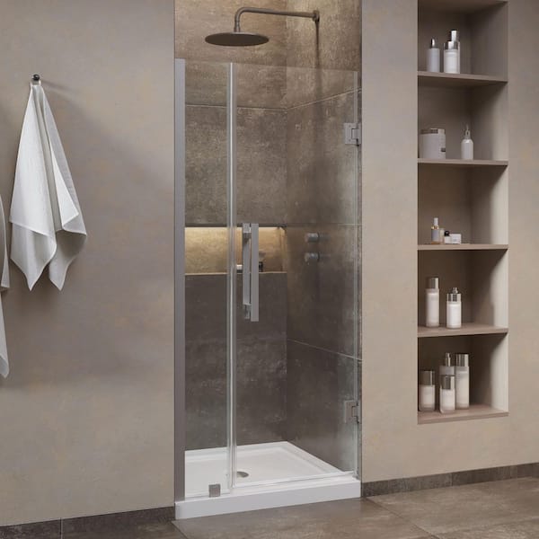 Panama 36in. W x 32 in. L x 72.01 in. H Alcove Shower Kit with Pivot Frameless Door in Satin Nickel and Shower Pan