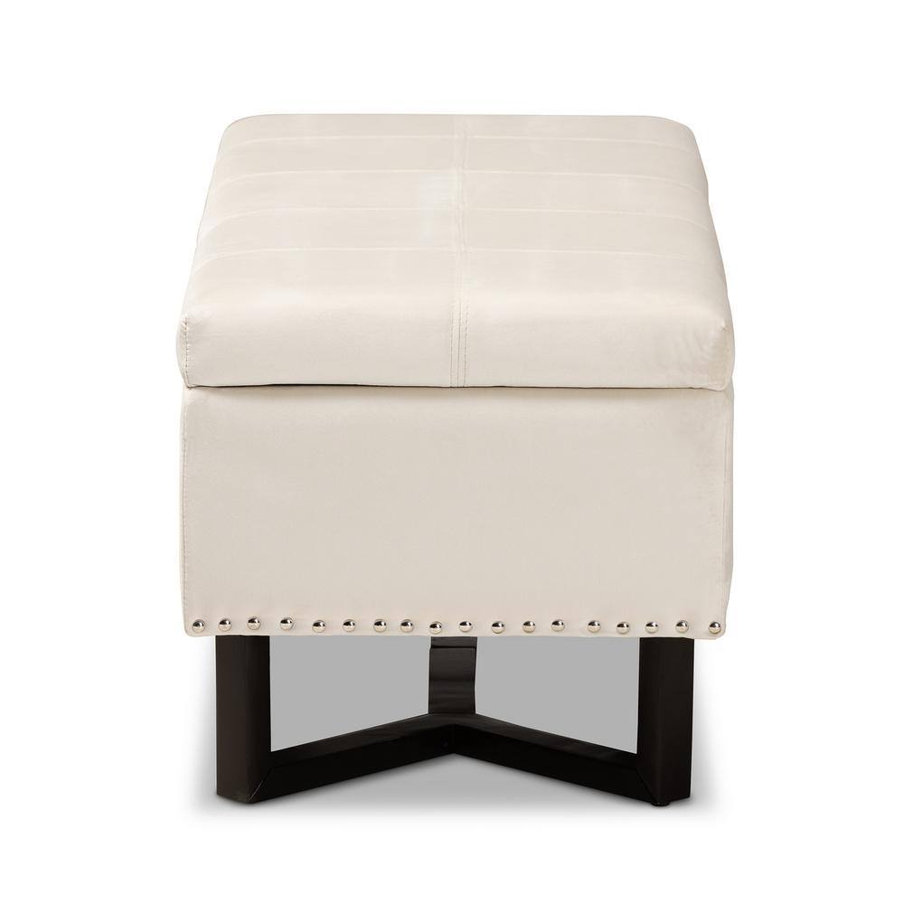 Esther Beige Velvet and Dark Brown Wood Tufted Storage Ottoman